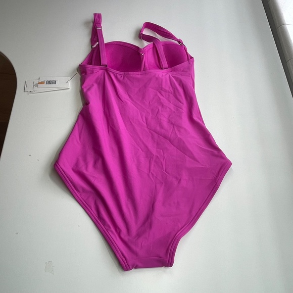 DKNY Womens Twist Front Pink Ruched One Piece Swimsuit Small - Picture 3 of 6